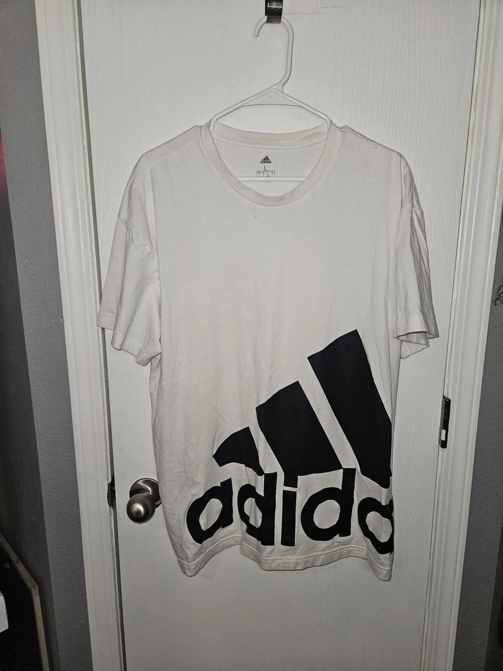 adidas White Crew Neck Tee with Large Black Logo